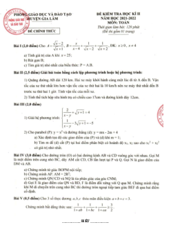 Đề thi học kì 2 Toán 9 năm 2021 – 2022 phòng GD&ĐT Gia Lâm – Hà Nội
