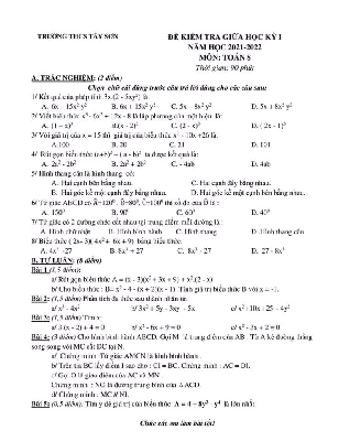 Đề kiểm tra giữa học kỳ 1 Toán 8 năm 2021 – 2022 trường THCS Tây Sơn – Hà Nội