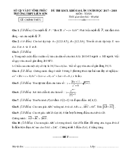 Đề KSCL lần 1 năm học 2017 – 2018 môn Toán 10 trường THPT Nguyễn Viết Xuân – Vĩnh Phúc