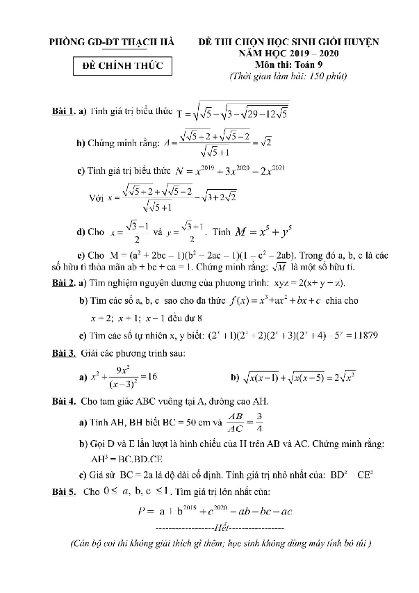 Đề thi HSG huyện Toán 9 năm 2019 – 2020 phòng GD&ĐT Thạch Hà – Hà Tĩnh