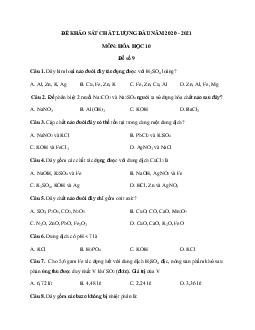 Đề thi khảo sát chất lượng đầu năm lớp 10 môn Hóa 2020 - 2021 - Đề 9