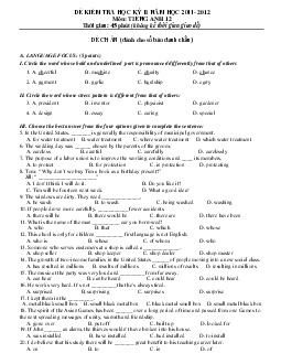 Đề thi học kỳ 2 môn Tiếng Anh lớp 12 trường THPT Gia Lộc, Hải Dương năm học 2011 - 2012