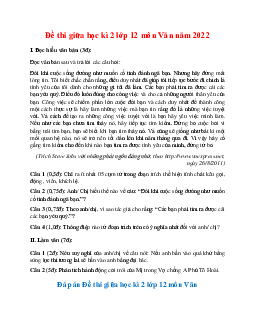 Đề thi giữa học kì 2 lớp 12 môn Văn năm 2022 Đề 1