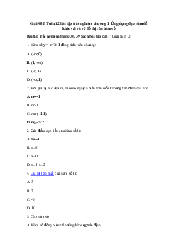 Giải SBT Toán 12 bài tập trắc nghiệm chương 1: Ứng dụng đạo hàm để khảo sát và vẽ đồ thị của hàm số