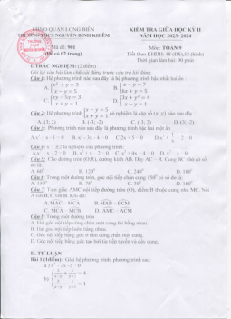 Đề thi giữa học kỳ 2 Toán 9 năm 2023 – 2024 trường THCS Nguyễn Bỉnh Khiêm – Hà Nội