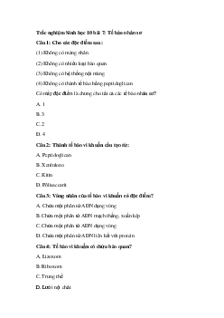 Trắc nghiệm Sinh học 10 bài 7: Tế bào nhân sơ