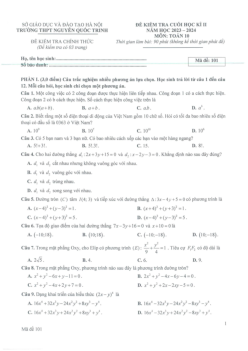 Đề thi cuối học kì 2 Toán 10 năm 2023 – 2024 trường THPT Nguyễn Quốc Trinh – Hà Nội