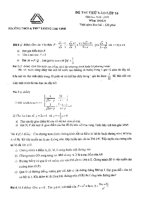 Đề thi thử vào lớp 10 môn Toán năm học 2018 – 2019 trường Lương Thế Vinh – Hà Nội