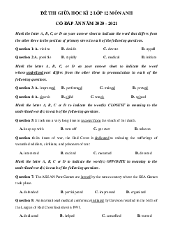 Đề thi giữa kì 2 lớp 12 môn tiếng Anh năm 2020 - 2021 số 4