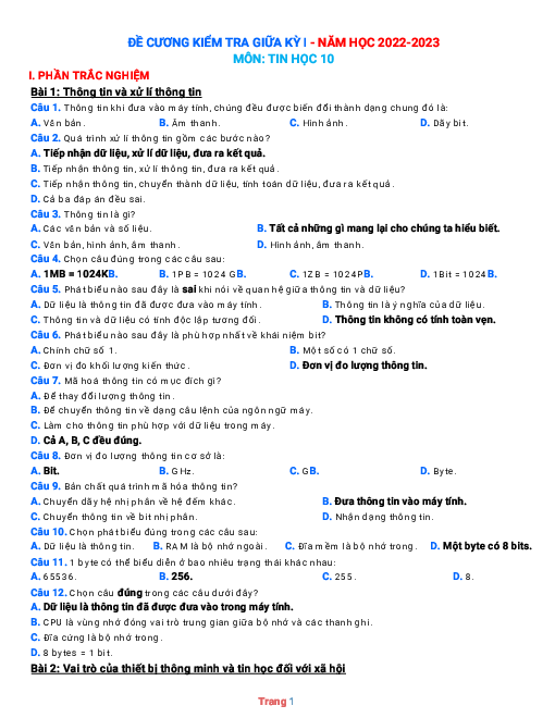 Đề cương ôn tập giữa học kỳ 1 Tin học 10 năm 2022-2023