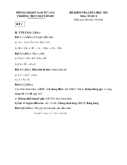 Đề kiểm tra giữa học kì 1 Toán 8 năm 2021 – 2022 trường THCS Nguyễn Du – Hà Nội