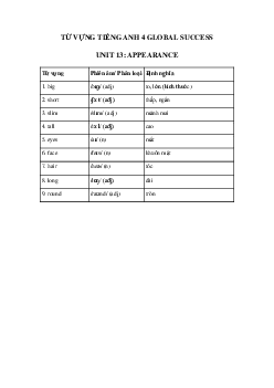 Từ vựng unit 13 lớp 4 Appearance Global success