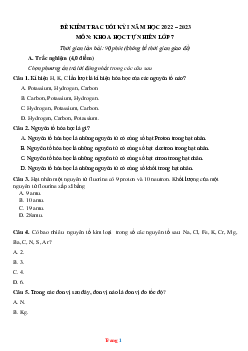 Đề thi HK1 môn KHTN 7 năm 2022-2023 (có đáp án)