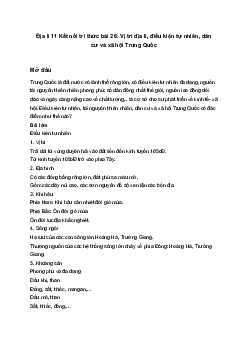 Địa lí 11 Kết nối tri thức bài 26: Vị trí địa lí, điều kiện tự nhiên, dân cư và xã hội Trung Quốc