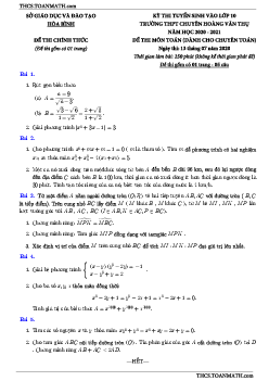 Đề thi vào 10 môn Toán năm 2020 – 2021 trường chuyên Hoàng Văn Thụ – Hòa Bình (đề chuyên)