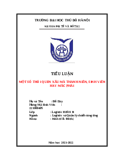 Tiểu luận: Một số thói quen xấu mà thanh niên, sinh viên hay mắc phải | Đại Học Thủ Đô Hà Nội