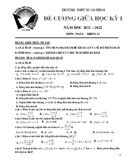 Đề cương giữa học kỳ 1 Toán 12 năm 2021 – 2022 trường THPT Xuân Đỉnh – Hà Nội