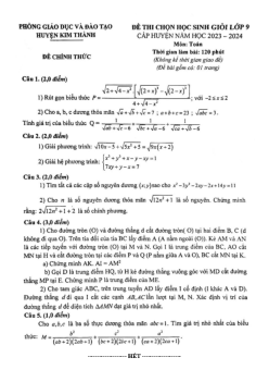 Đề học sinh giỏi Toán 9 năm 2023 – 2024 phòng GD&ĐT Kim Thành – Hải Dương