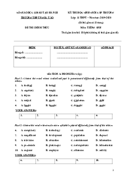 Đề Thi Học Sinh Giỏi Cấp Trường Lớp 11 Thpt – Năm Học 2019-2020 Môn Tiếng Anh - Trường Thpt Ngọc Tảo - Hà Nội