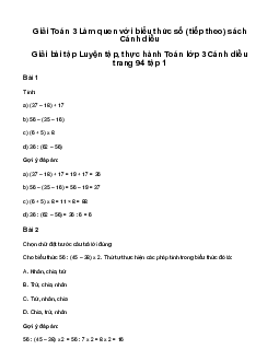 Tính giá trị biểu thức số (tiếp theo): Giải bài tập Luyện tập, thực hành Toán lớp 3 Cánh diều trang 94 tập 1
