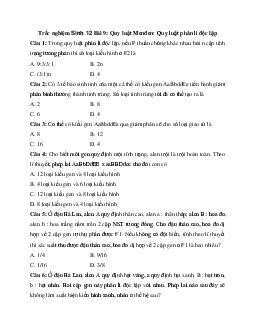 Trắc nghiệm Sinh học 12 bài 9: Quy luật Menđen: Quy luật phân li độc lập