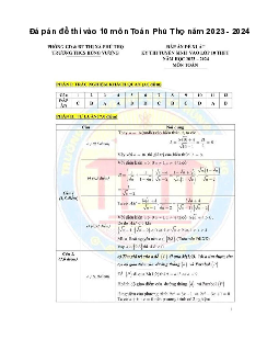 Đề thi vào 10 môn Toán năm 2023 - 2024 sở GD&ĐT Phú Thọ