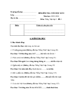 Đề thi học kì 2 môn Tiếng Việt lớp 5 theo thông tư 22 - Đề 1