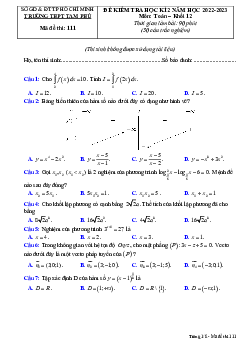 Đề học kì 2 Toán 12 năm 2022 – 2023 trường THPT Tam Phú – TP HCM