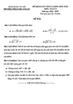 Đề khảo sát chất lượng Toán 9 đầu năm 2022 – 2023 trường THCS Chu Văn An – Hà Nội