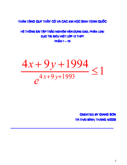 Hệ thống bài tập trắc nghiệm vận dụng cao, phân loại cực trị siêu việt (phần 1 – 10) Toán 12
