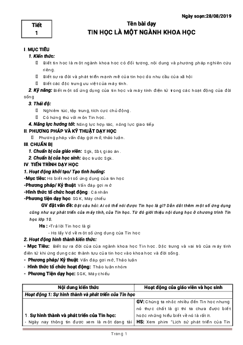 Giáo án Tin học lớp 10 cả năm phương pháp mới 5 bước hoạt động