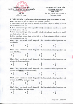Đề giữa học kỳ 2 Toán 7 năm 2022 – 2023 trường THCS Nguyễn Bỉnh Khiêm – Hà Nội