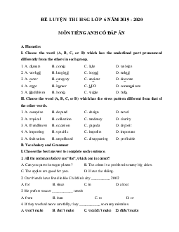 Đề thi học sinh giỏi tiếng Anh lớp 6 năm 2019 - 2020 số 2