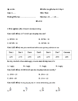 Đề thi giữa học kì 2 lớp 4 môn Toán Kết nối tri thức - Đề số 12