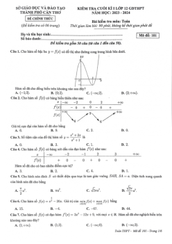 Đề kiểm tra cuối kì 1 Toán 12 năm 2023 – 2024 sở GD&ĐT Cần Thơ