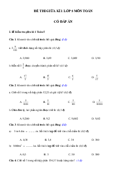 Đề thi giữa kì 1 lớp 5 môn Toán năm 2023 - 2024 - Đề số 2