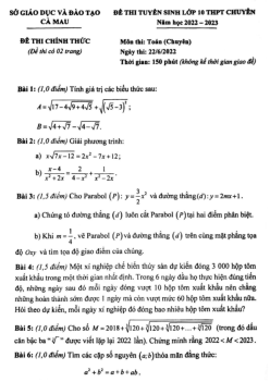 Đề tuyển sinh lớp 10 chuyên môn Toán (chuyên) năm 2022 – 2023 sở GD&ĐT Cà Mau