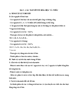 Tóm tắt lý thuyết Sinh học 10 bài 3: CÁC NGUYÊN TỐ HÓA HỌC VÀ NƯỚC