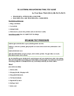 B1 Final Listening AND Speaking TEST Guide | Listening and speaking B2 | Đại học Khoa học Xã hội và Nhân văn, Đại học Quốc gia Thành phố HCM