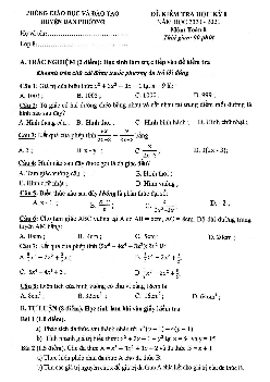 Đề thi HK1 Toán 8 năm 2020 – 2021 phòng GD&ĐT Đan Phượng – Hà Nội