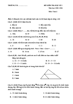 Đề thi học kì 1 môn Toán 2 năm 2023 - 2024 sách Chân trời sáng tạo | Đề 3
