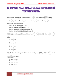 50 bài trắc nghiệm tích phân cơ bản thường gặp – Phạm Ngọc Tính Toán 12