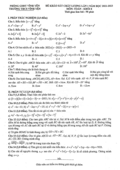 Đề KSCL lần 1 Toán 8 năm 2022 – 2023 trường THCS Vĩnh Yên – Vĩnh Phúc