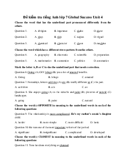 Đề kiểm tra tiếng Anh lớp 7 Global Success Unit 4