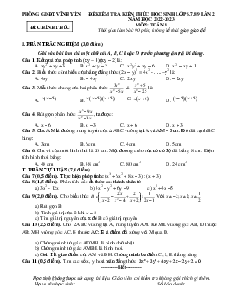 Đề kiểm tra Toán 8 lần 2 năm 2022 – 2023 phòng GD&ĐT Vĩnh Yên – Vĩnh Phúc