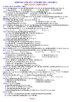 Đề thi giữa học kỳ 1 Vật Lí 11 năm 2022-2023 (Có đáp án)-Đề 2