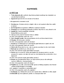 Lexico and grammar tests - Topic HAPPINESS - with key and explanation