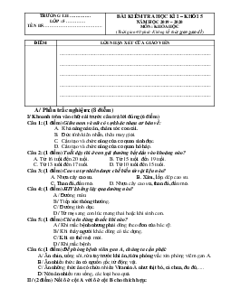 Đề thi học kì 1 lớp 5 môn Khoa học năm học 2019 - 2020 - Đề 2