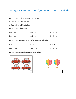 Đề thi giữa học kì 1 môn Toán lớp 1 năm học 2023 - 2024 - Đề số 3