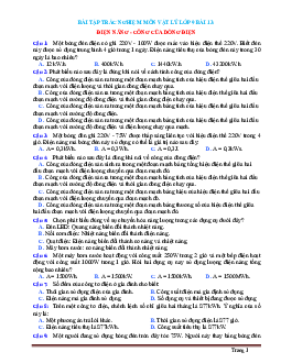Bài tập trắc nghiệm môn vật lý 9 Bài 13 Điện năng- Công của dòng điện (có đáp án)